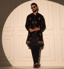 Load image into Gallery viewer, Prithviraj Black Embroidered Long Nehru Jacket
