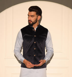Maurya Navy Blue Velvet Nehru Jacket