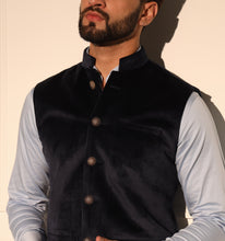 Load image into Gallery viewer, Maurya Navy Blue Velvet Nehru Jacket
