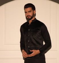 Load image into Gallery viewer, Mewar Black Velvet Nehru Jacket
