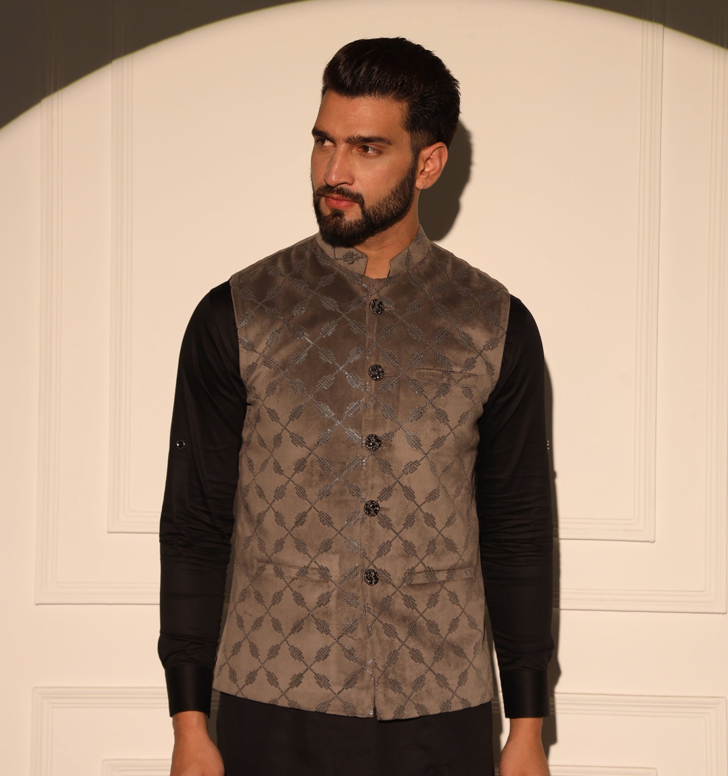 Mirza Grey Velvet Nehru Jacket