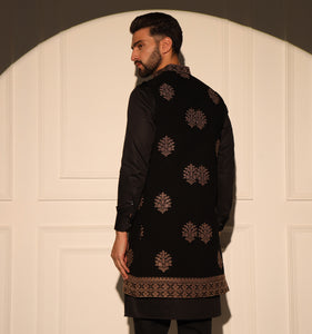 Prithviraj Black Embroidered Long Nehru Jacket