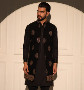 Prithviraj Black Embroidered Long Nehru Jacket