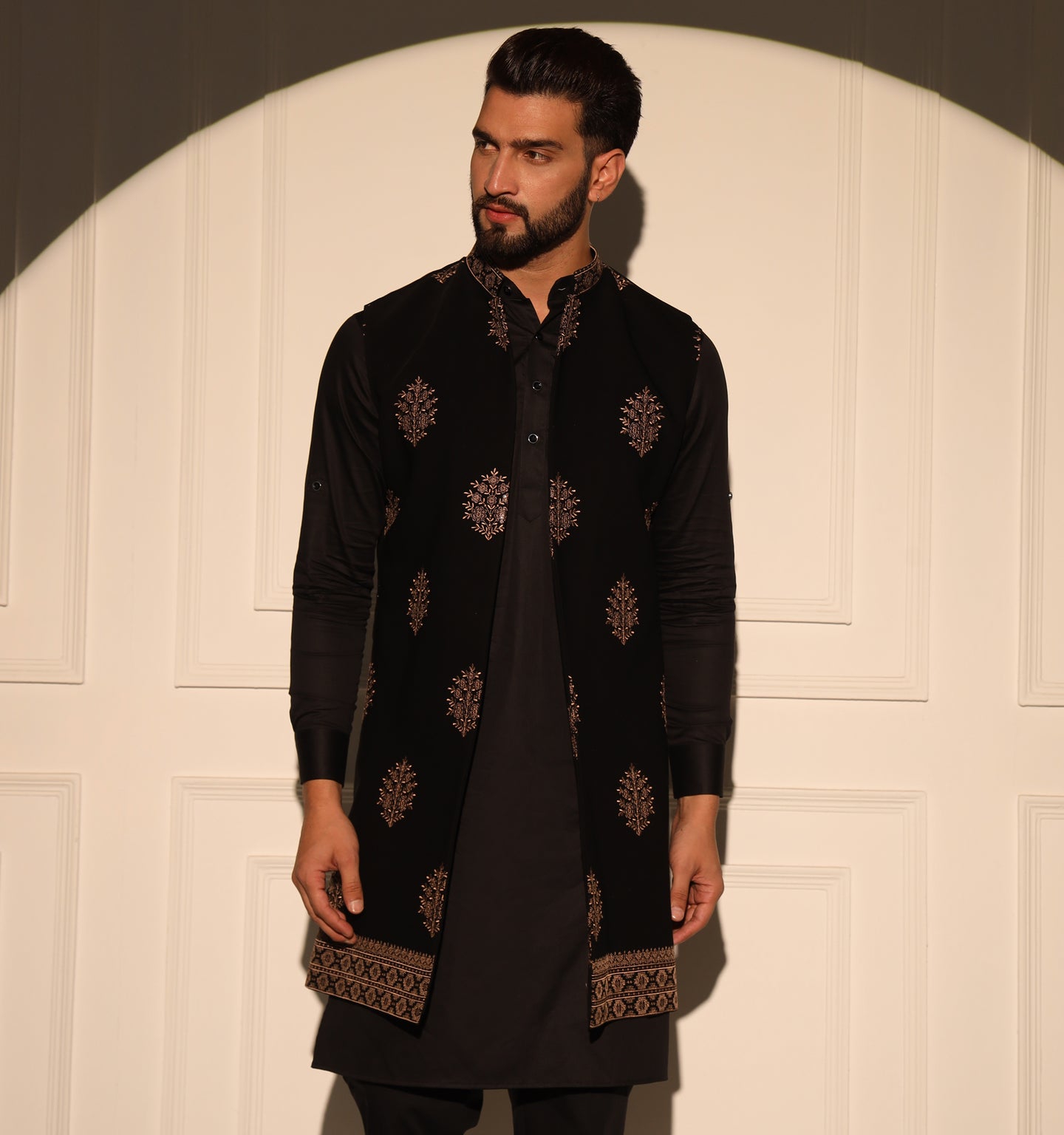 Prithviraj Black Embroidered Long Nehru Jacket