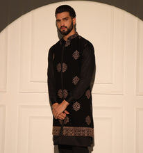 Load image into Gallery viewer, Prithviraj Black Embroidered Long Nehru Jacket
