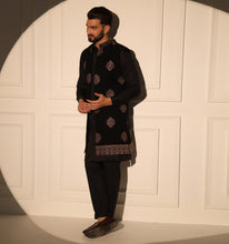 Load image into Gallery viewer, Prithviraj Black Embroidered Long Nehru Jacket
