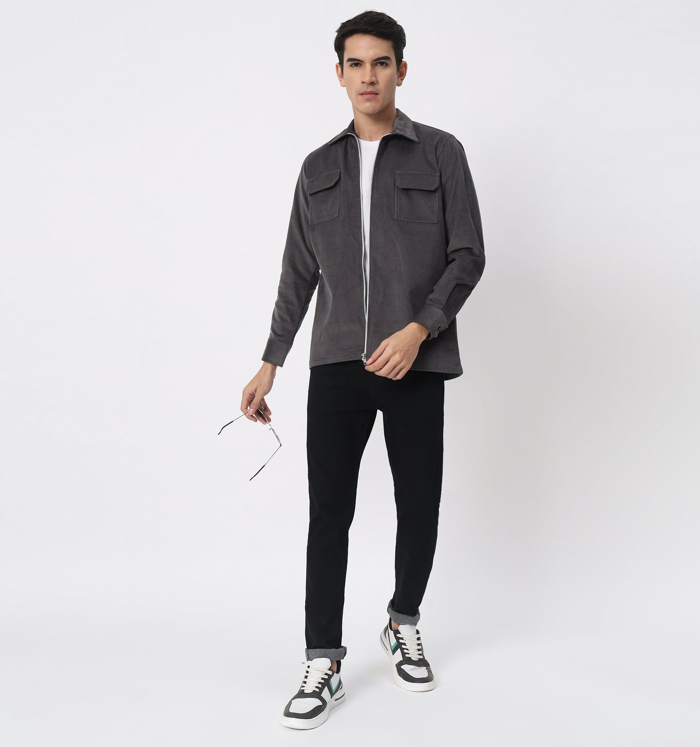 Grey Corduroy Zippered Overshirt