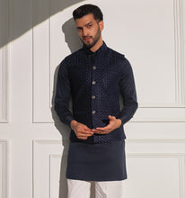 Load image into Gallery viewer, Taimur Navy Velvet Embroidered Nehru Jacket
