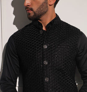Porus Black Velvet Embroidered Nehru Jacket