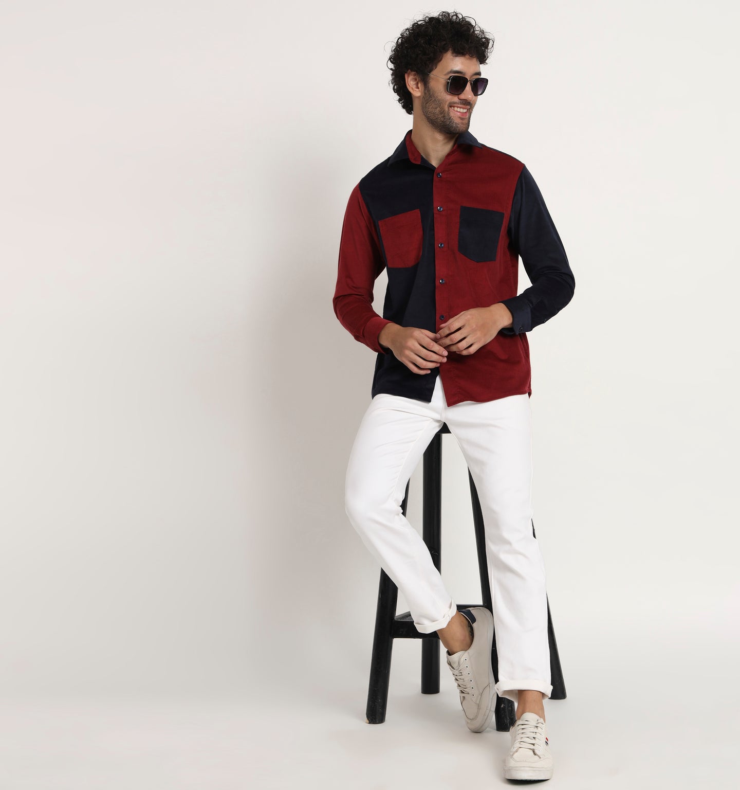 Red & Navy Colorblock Corduroy Shirt