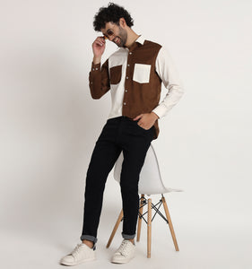 Beige & Brown Colorblock Corduroy Shirt