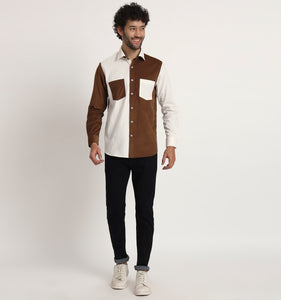 Beige & Brown Colorblock Corduroy Shirt