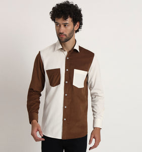 Beige & Brown Colorblock Corduroy Shirt