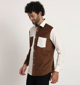 Beige & Brown Colorblock Corduroy Shirt