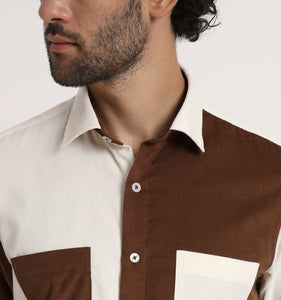 Beige & Brown Colorblock Corduroy Shirt
