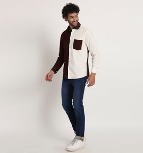 Beige & Wine Colorblock Corduroy Shirt