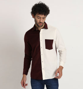 Beige & Wine Colorblock Corduroy Shirt