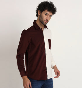 Beige & Wine Colorblock Corduroy Shirt