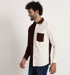 Beige & Wine Colorblock Corduroy Shirt