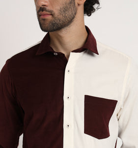Beige & Wine Colorblock Corduroy Shirt