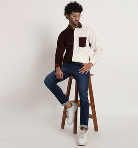 Beige & Wine Colorblock Corduroy Shirt