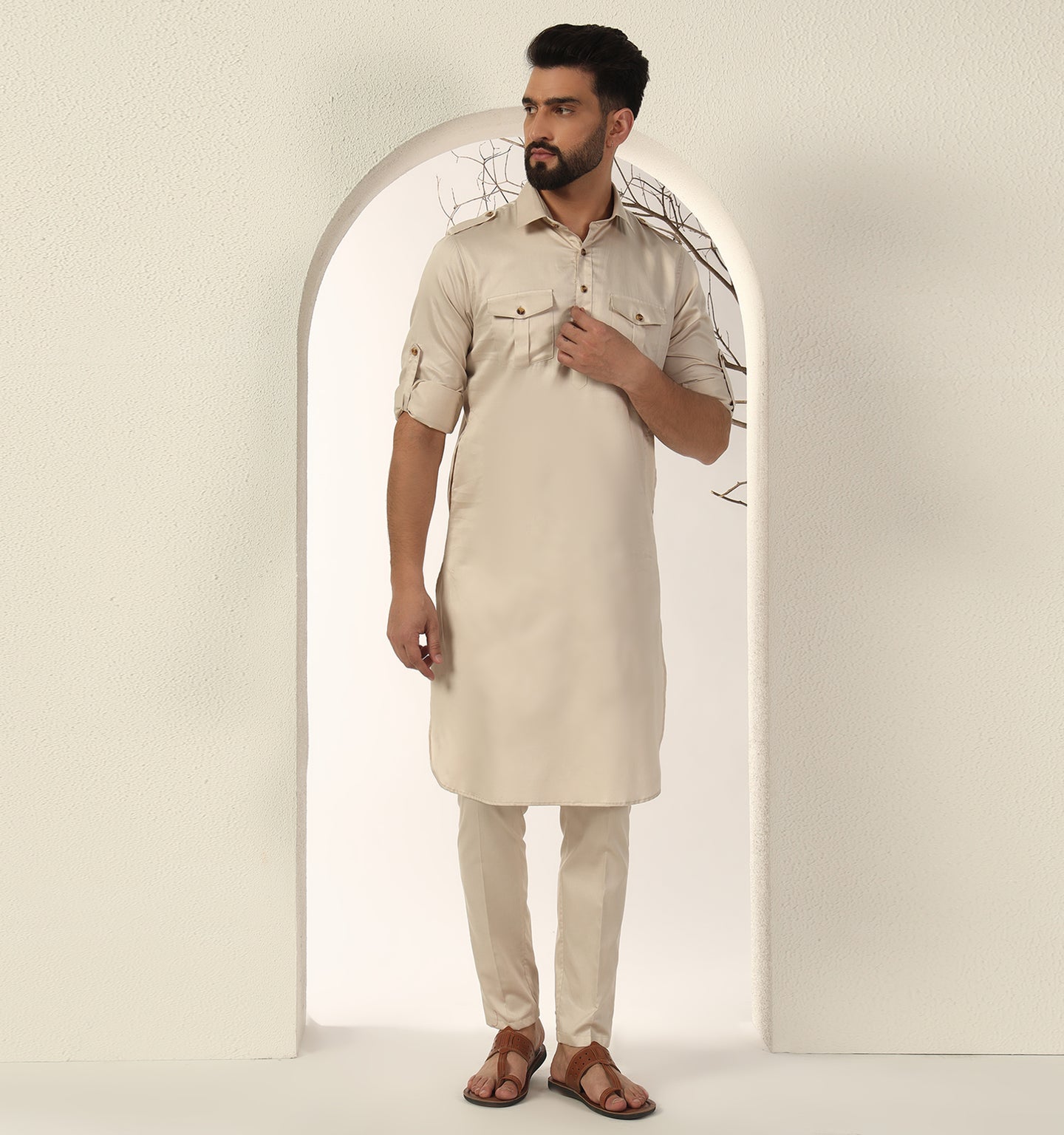 Beige Pathani Kurta Set (Set of 2)