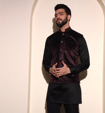Load image into Gallery viewer, Humayun Burgundy Velvet Nehru Jacket

