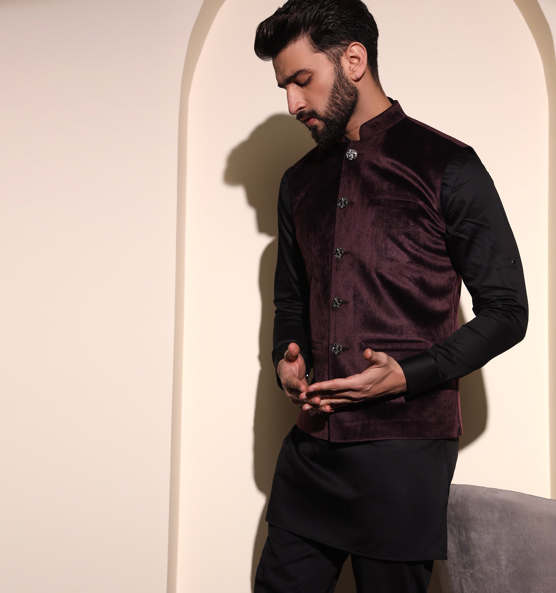 Nehru Collar Nehru Jacket For Summer Humayun Burgundy Velvet Nehru