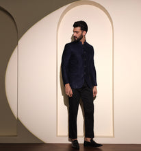 Load image into Gallery viewer, Navy Velvet Embroidered Bandhgala Blazer
