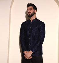 Load image into Gallery viewer, Navy Velvet Embroidered Bandhgala Blazer

