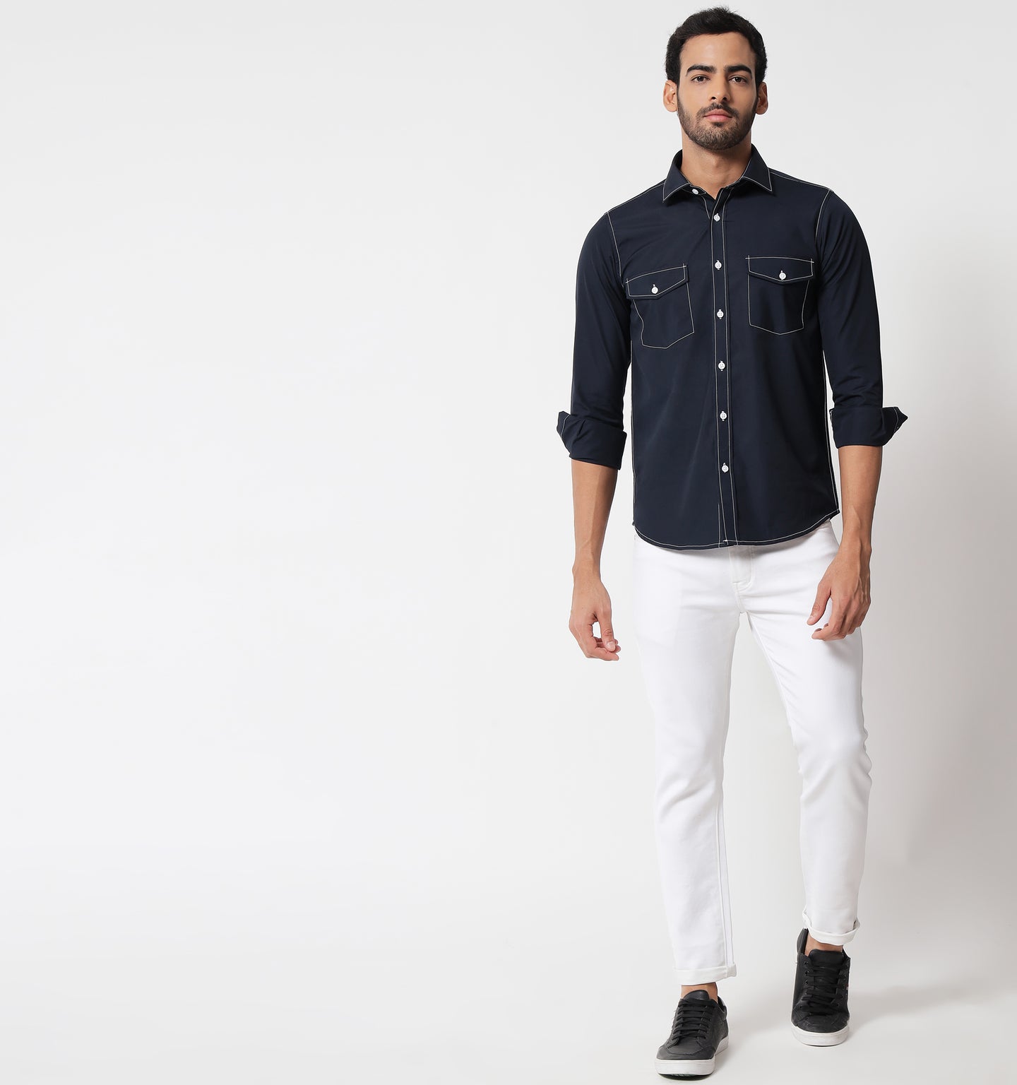 Navy Contrast Stitch Detail Shirt