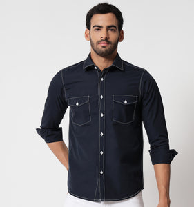 Navy Contrast Stitch Detail Shirt