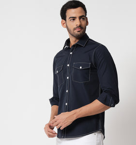 Navy Contrast Stitch Detail Shirt