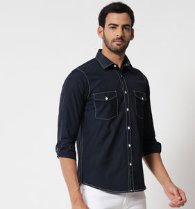 Navy Contrast Stitch Detail Shirt