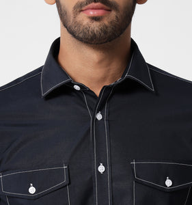 Navy Contrast Stitch Detail Shirt