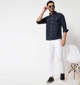 Navy Contrast Stitch Detail Shirt