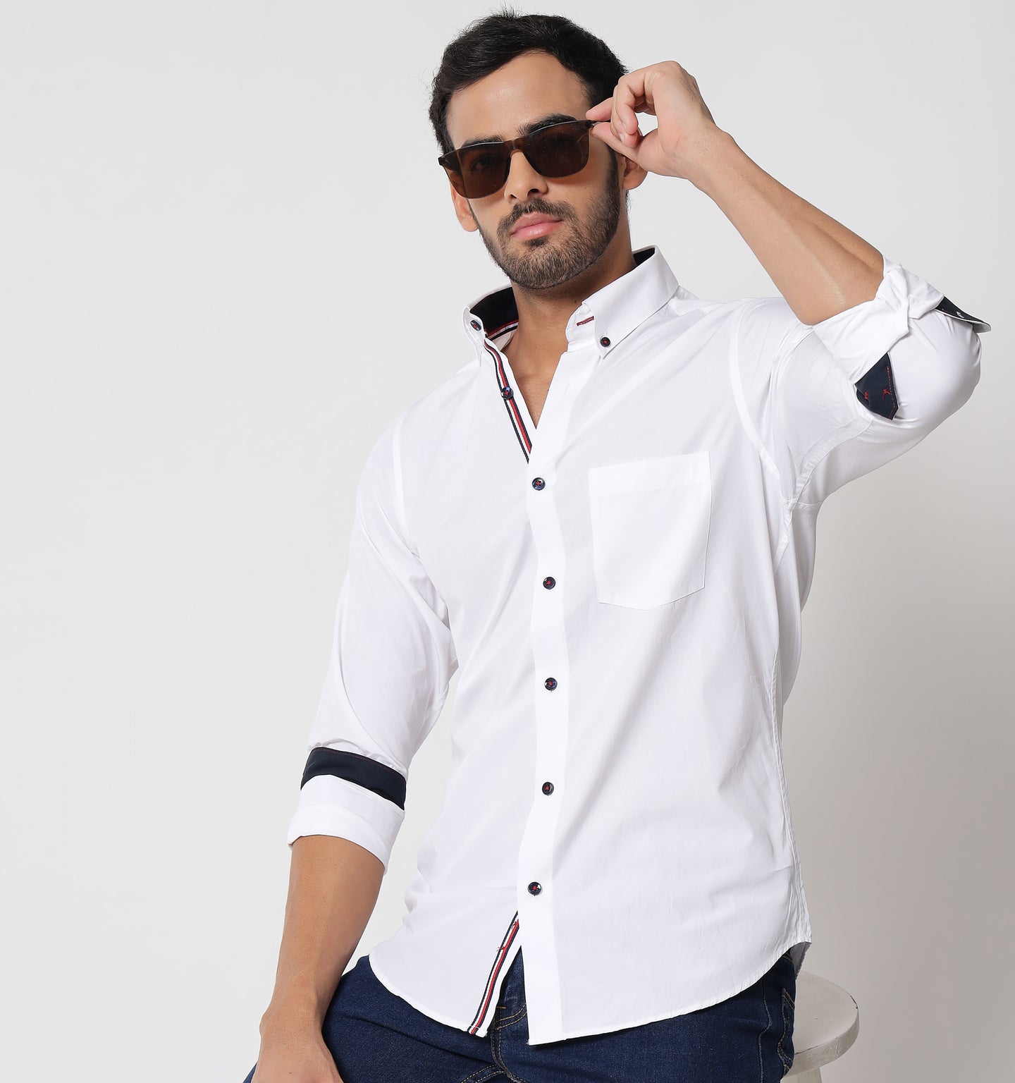 White Shirt with Contrast Piping Detail